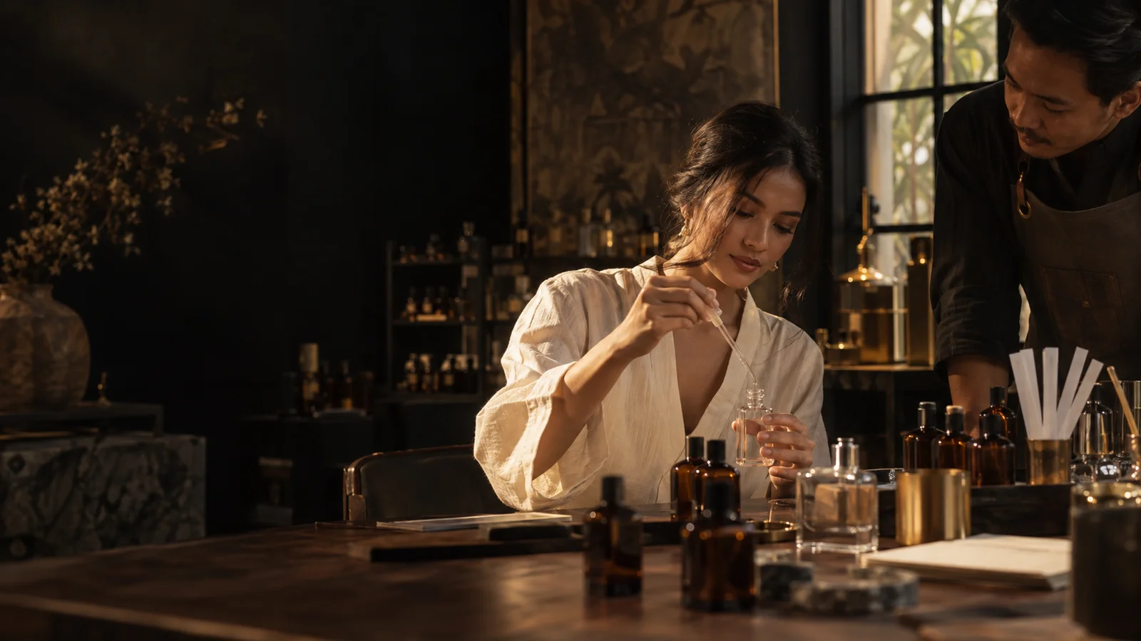 Visual konsep pelanggan meracik parfum bersama peracik dalam cahaya hangat.
